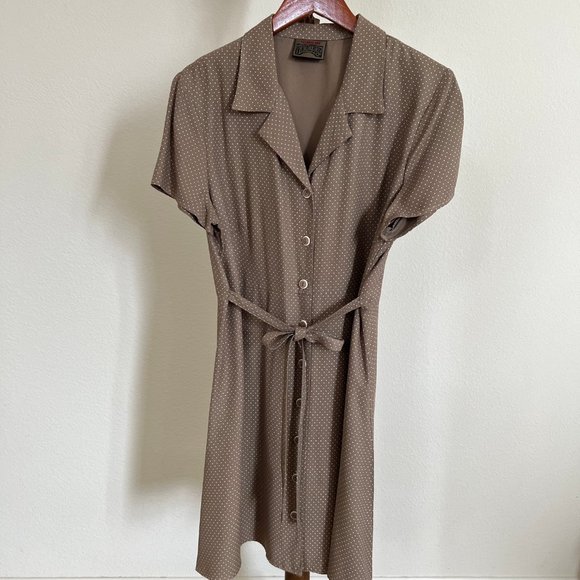 Vintage Blue Women's Size L Dusty Rose Polka Dot Collared Tie Waist Midi Dress - Picture 1 of 11